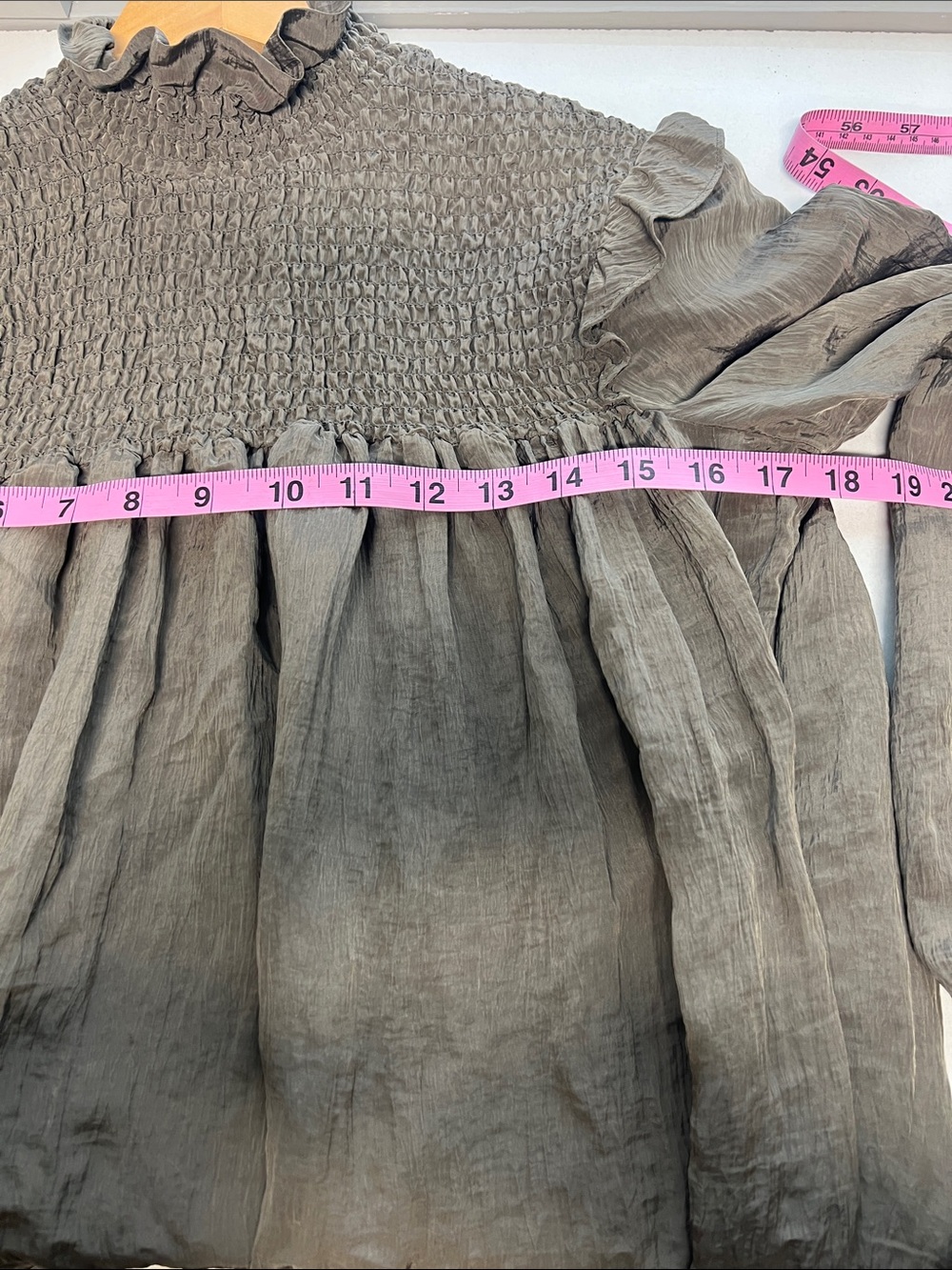 French Connection Dress, Green, Mini, Smocking on Bodice, Ruffle Accents, Small - Picture 8 of 10